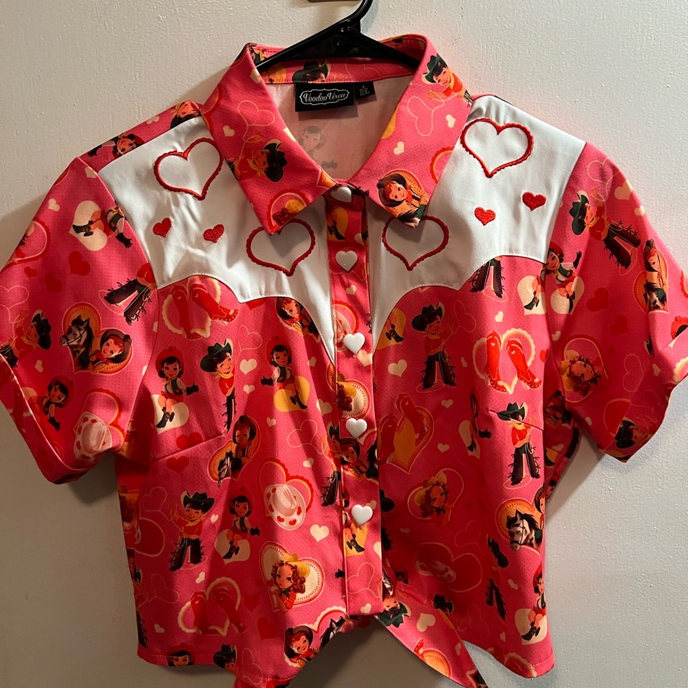 Voodoo Vixen Pink and White Cropped Button Down Shirt